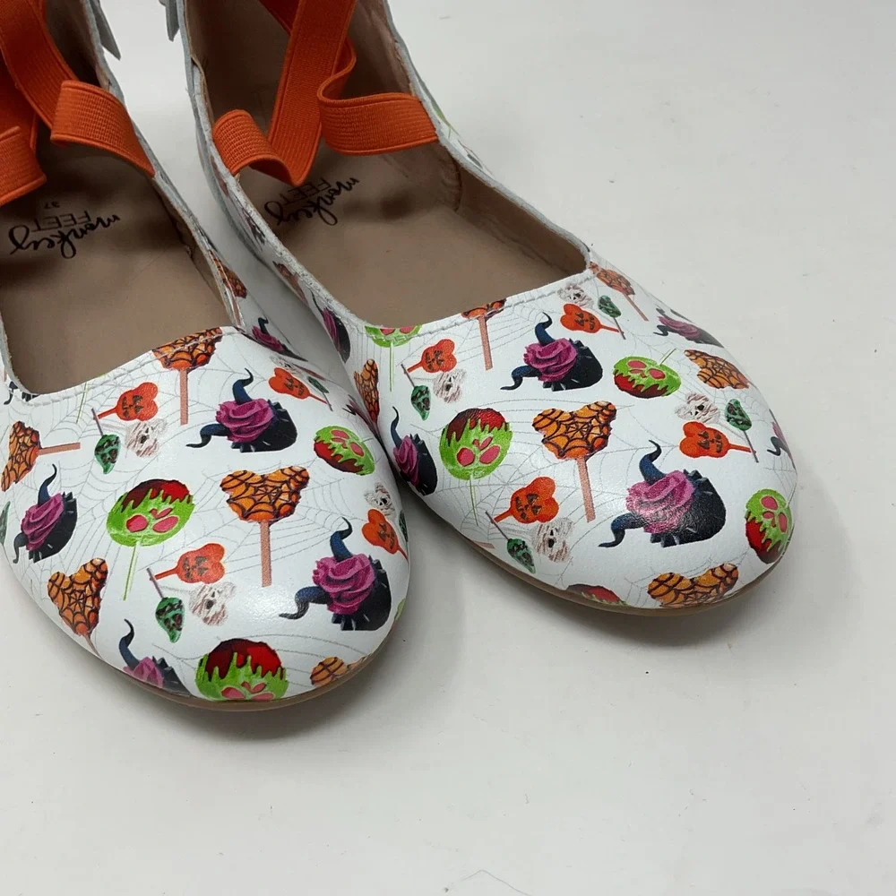 Monkey Feet Halloween Leather Ballet Flats Orange Elastic Straps Bows Size 37